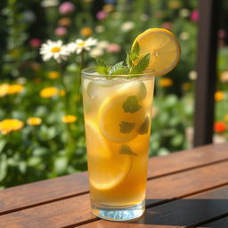 A refreshing glass of ice tea with lemon slices and mint leaves, condensation on the glass creating a cool effect, set on a wooden table outdoors with sunlight softly illuminating the scene