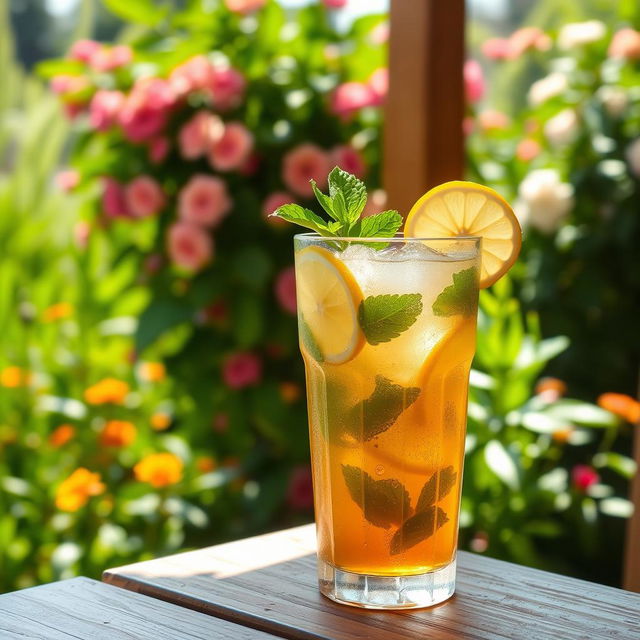 A refreshing glass of ice tea with lemon slices and mint leaves, condensation on the glass creating a cool effect, set on a wooden table outdoors with sunlight softly illuminating the scene