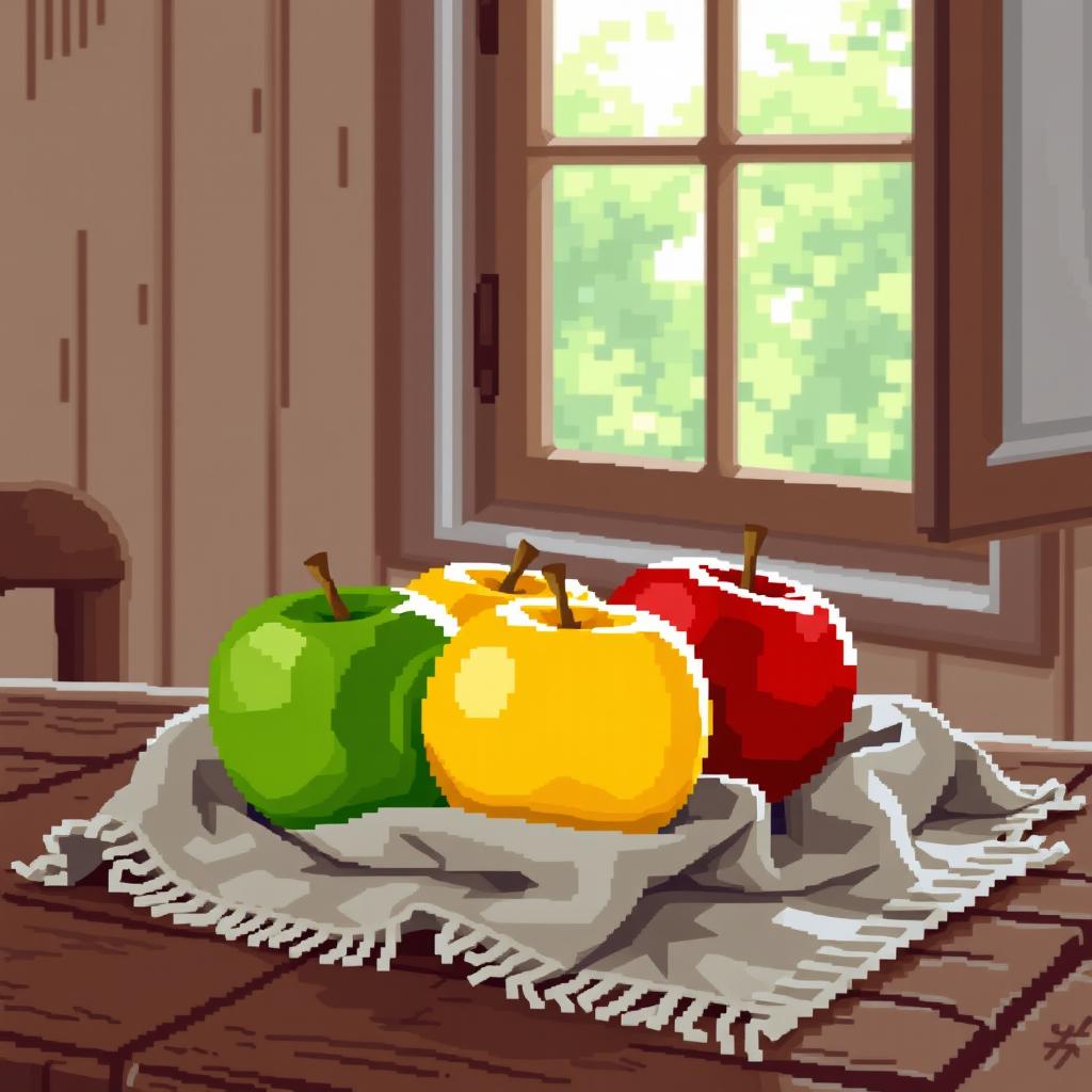 A charming still life featuring three apples in a pixel art style