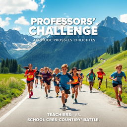 movie poster featuring a scenic alpine mountain backdrop with a school cross-country race taking place, teachers versus students