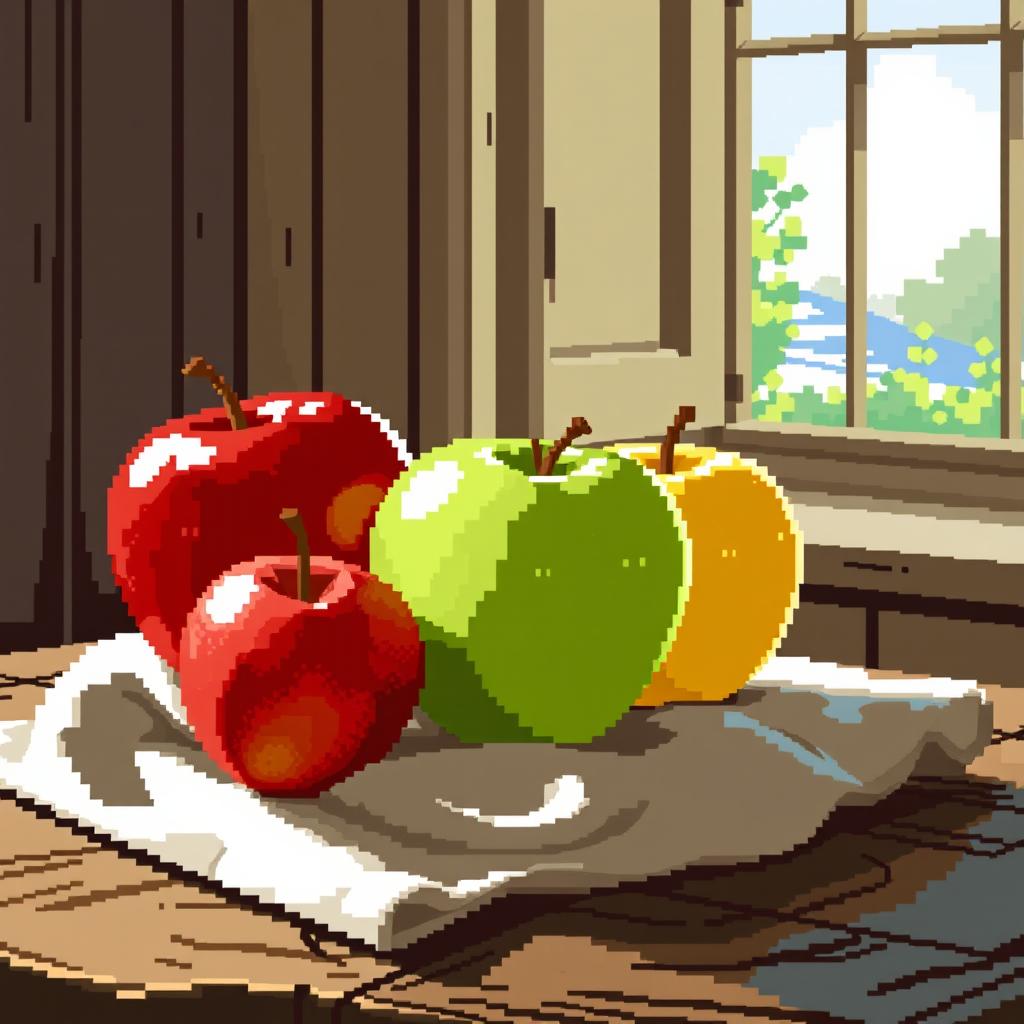 A charming still life featuring three apples in a pixel art style