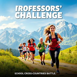 movie poster featuring a scenic alpine mountain backdrop with a school cross-country race taking place, teachers versus students