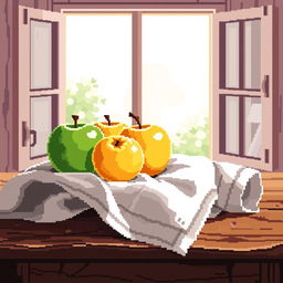 A charming still life featuring three apples in a pixel art style