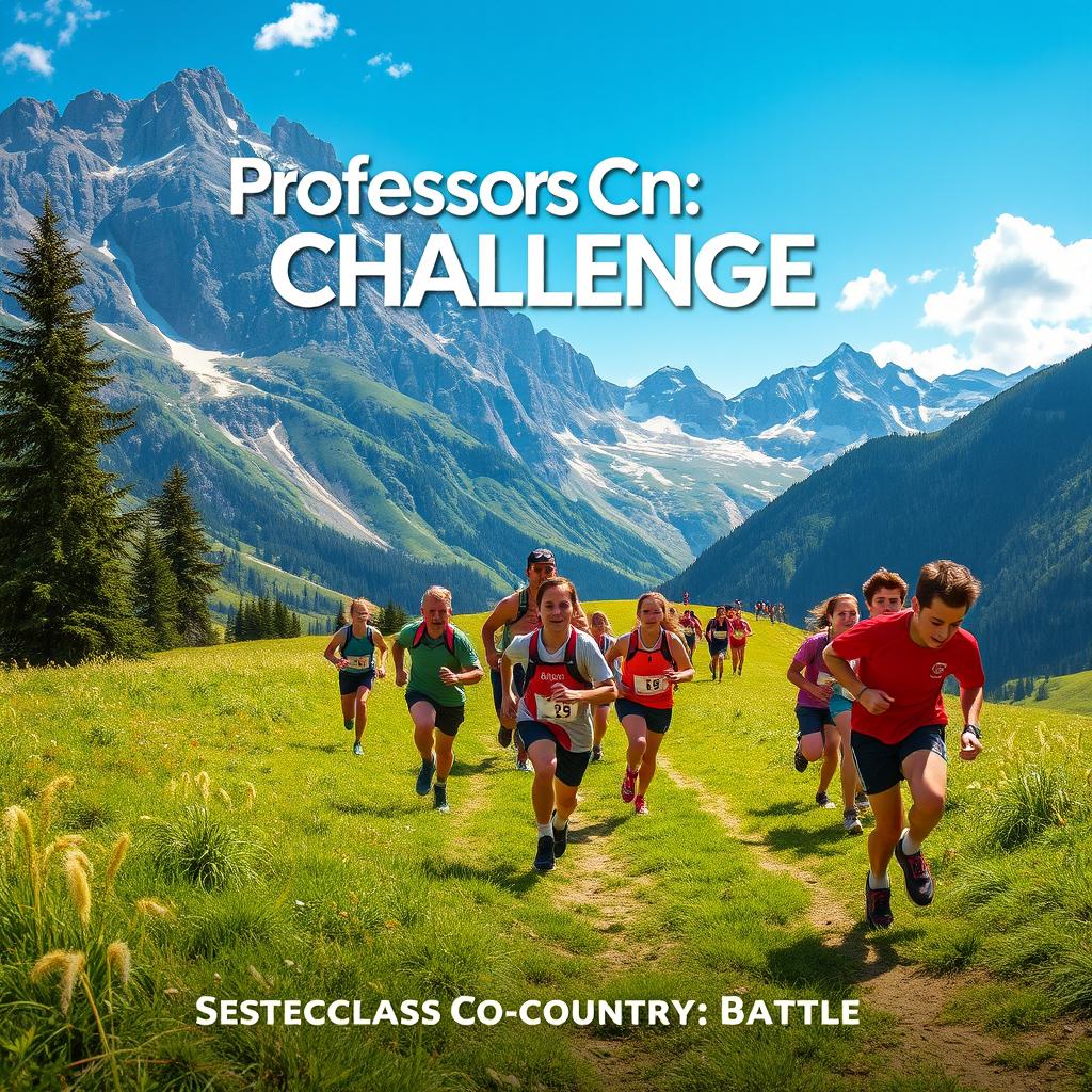 movie poster featuring a scenic alpine mountain backdrop with a school cross-country race taking place, teachers versus students