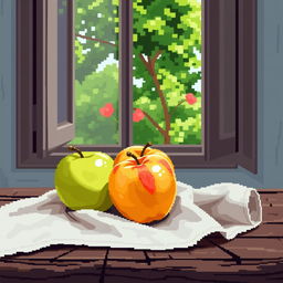 A charming still life featuring three apples in a pixel art style