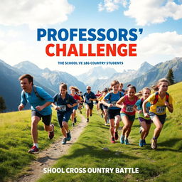 movie poster featuring a scenic alpine mountain backdrop with a school cross-country race taking place, teachers versus students