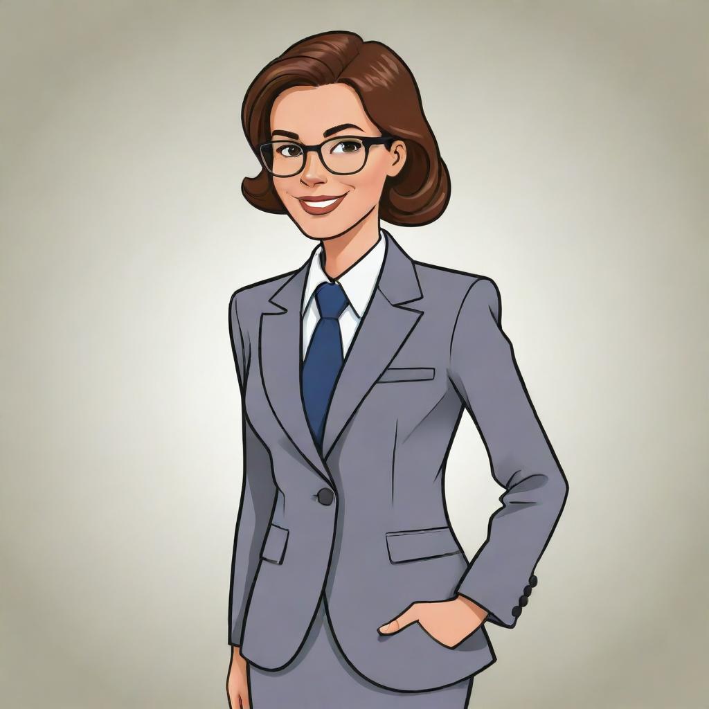 A cartoon-style illustration of a woman dressed in a stylish and professional accountant's suit, portraying her as both friendly and competent.