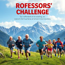 movie poster featuring an alpine mountain backdrop, with older teachers leading the race in a school cross-country event, running against students