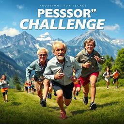 movie poster featuring an alpine mountain backdrop, with older teachers leading the race in a school cross-country event, running against students