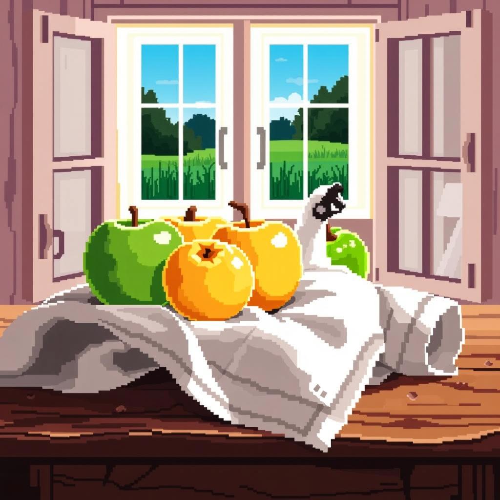 A charming still life featuring three apples in a pixel art style