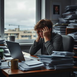 A person sitting at a desk with a laptop in a cluttered room, holding their head in their hands, eyes closed, surrounded by stacks of papers and a coffee mug