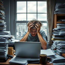 A person sitting at a desk with a laptop in a cluttered room, holding their head in their hands, eyes closed, surrounded by stacks of papers and a coffee mug