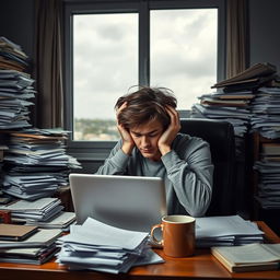 A person sitting at a desk with a laptop in a cluttered room, holding their head in their hands, eyes closed, surrounded by stacks of papers and a coffee mug