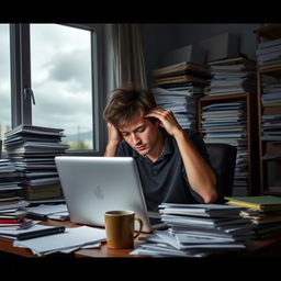 A person sitting at a desk with a laptop in a cluttered room, holding their head in their hands, eyes closed, surrounded by stacks of papers and a coffee mug