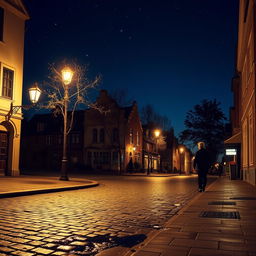 A serene night scene with a person walking down the street