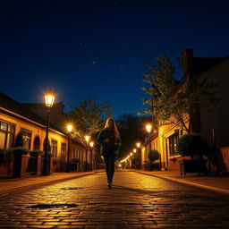 A serene night scene with a person walking down the street