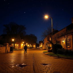 A serene night scene with a person walking down the street