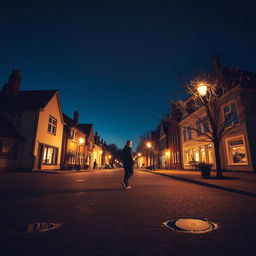 A serene night scene with a person walking down the street