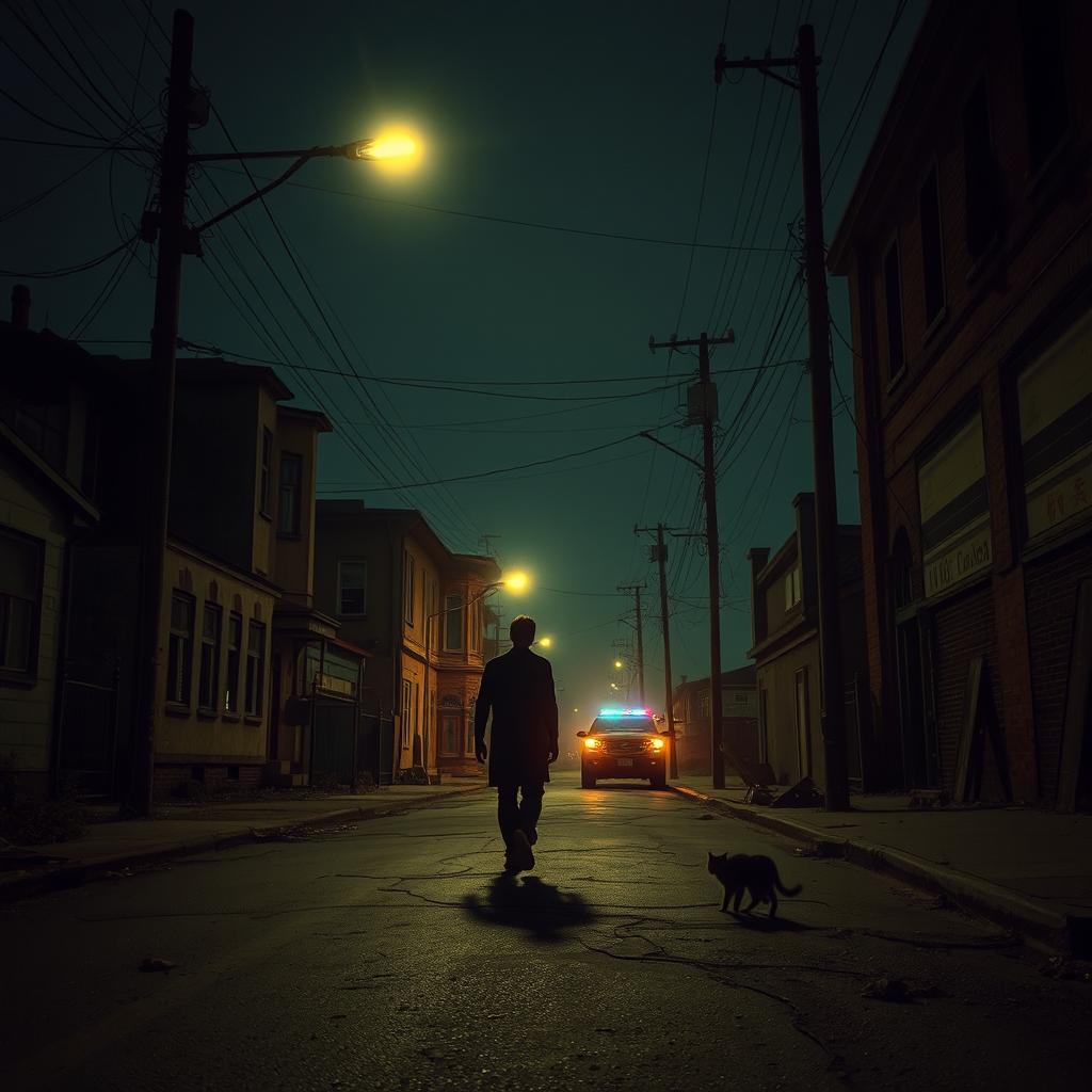 A suspenseful night scene with a person cautiously walking down an empty street