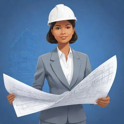 A cartoon-style illustration of a woman dressed in a professional architect's suit, holding blueprints, conveying an aura of creative and technical expertise.