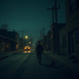 A suspenseful night scene with a person cautiously walking down an empty street