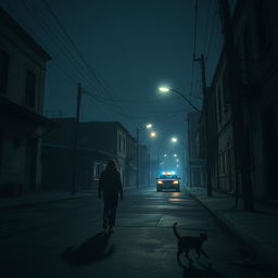 A suspenseful night scene with a person cautiously walking down an empty street