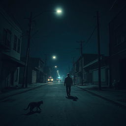 A suspenseful night scene with a person cautiously walking down an empty street