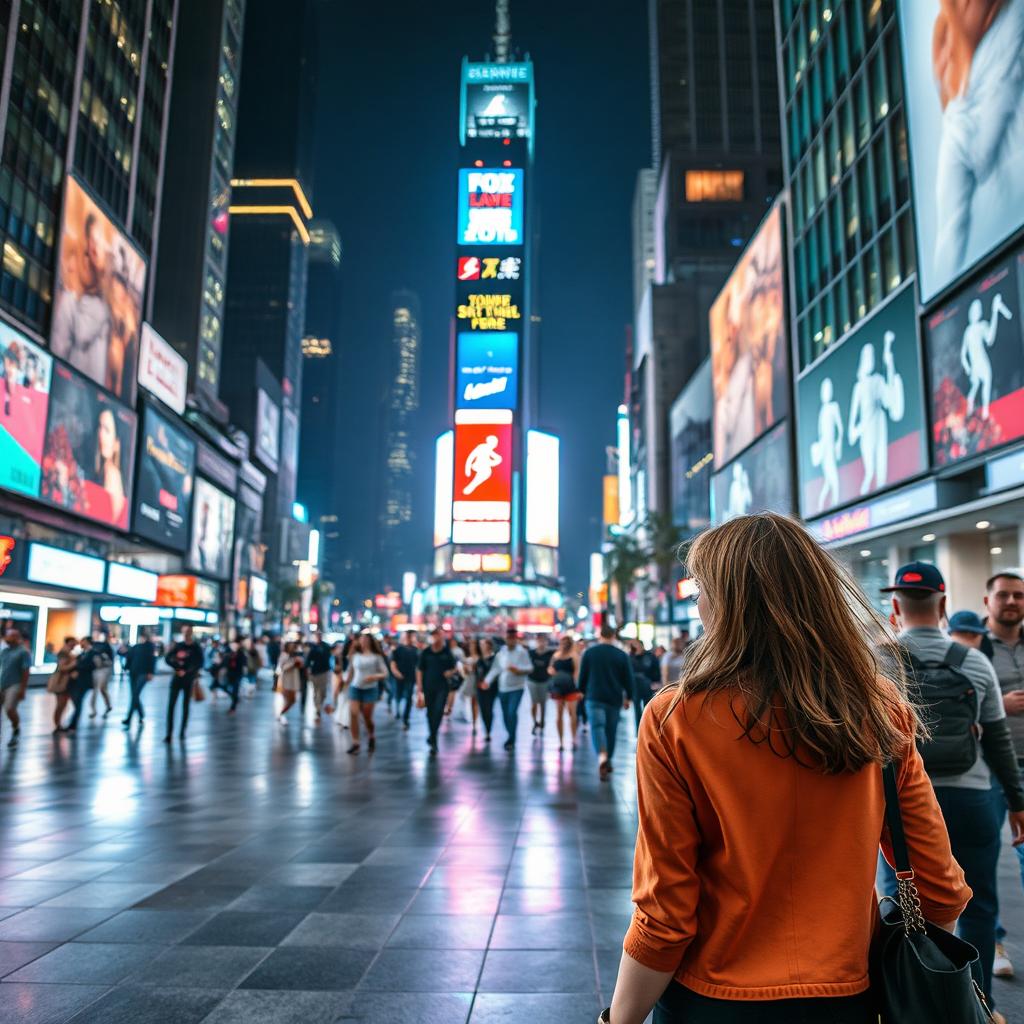 An energetic night scene in the city center with a person strolling through the vibrant streets