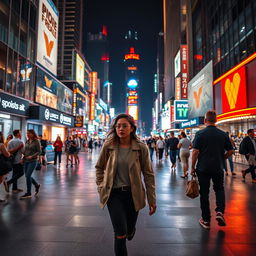 An energetic night scene in the city center with a person strolling through the vibrant streets