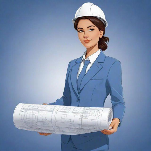 A cartoon-style illustration of a woman dressed in a professional architect's suit, holding blueprints, conveying an aura of creative and technical expertise.