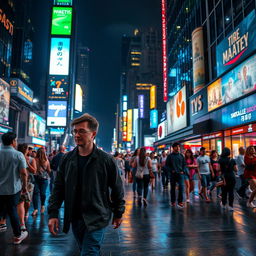 An energetic night scene in the city center with a person strolling through the vibrant streets