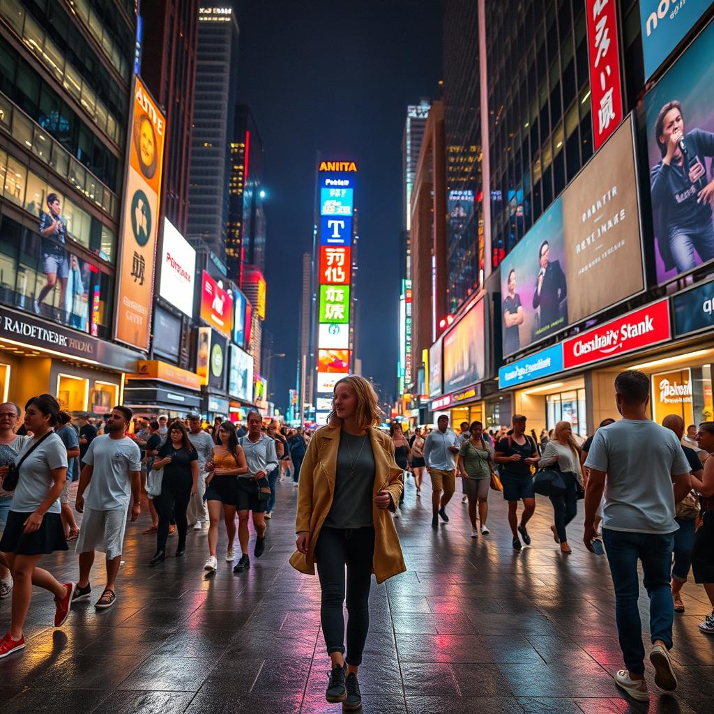 An energetic night scene in the city center with a person strolling through the vibrant streets