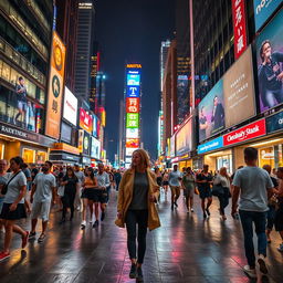 An energetic night scene in the city center with a person strolling through the vibrant streets