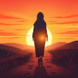 A vector-style book cover illustration featuring the silhouette of a hijab-wearing woman seen from behind, leaving footprints as she walks on a natural landscape