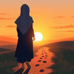 A vector-style book cover illustration featuring the silhouette of a hijab-wearing woman seen from behind, leaving footprints as she walks on a natural landscape