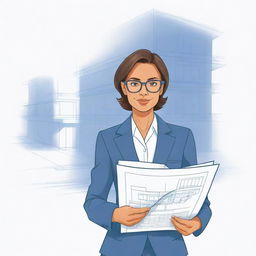 A cartoon-style illustration of a woman dressed in a professional architect's suit, holding blueprints, conveying an aura of creative and technical expertise.