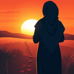 A vector-style book cover illustration featuring the silhouette of a hijab-wearing woman seen from behind, leaving footprints as she walks on a natural landscape