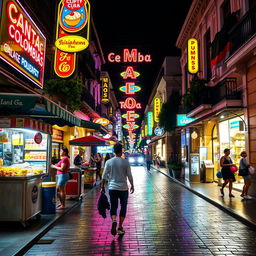 A vibrant night scene in the city center of Colombia featuring a person walking through the lively streets