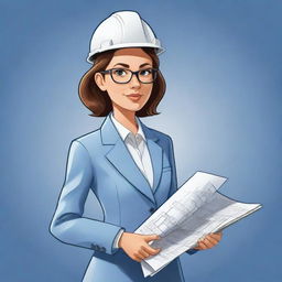 A cartoon-style illustration of a woman dressed in a professional architect's suit, holding blueprints, conveying an aura of creative and technical expertise.