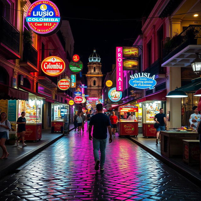 A vibrant night scene in the city center of Colombia featuring a person walking through the lively streets