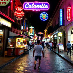 A vibrant night scene in the city center of Colombia featuring a person walking through the lively streets