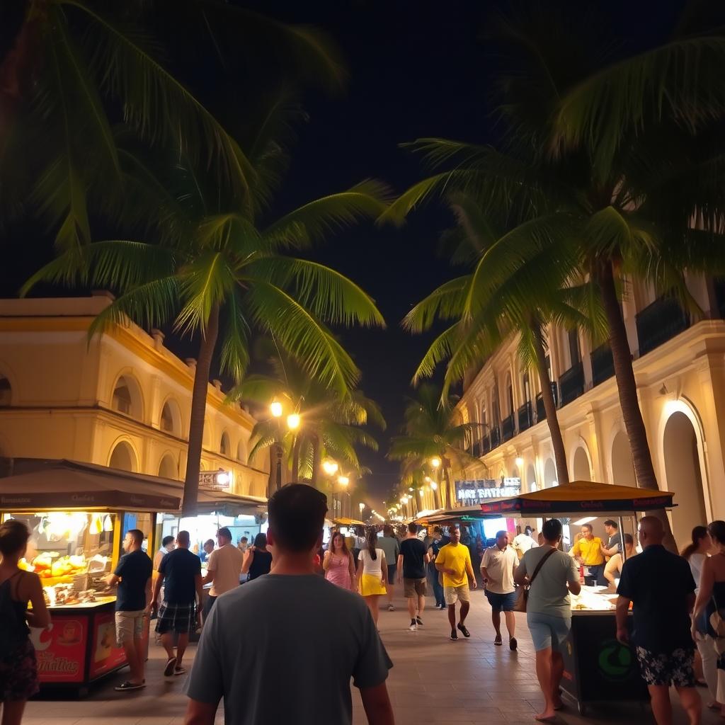 A lively night scene in the city center of Santa Marta, featuring a person walking along the bustling streets