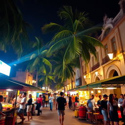 A lively night scene in the city center of Santa Marta, featuring a person walking along the bustling streets