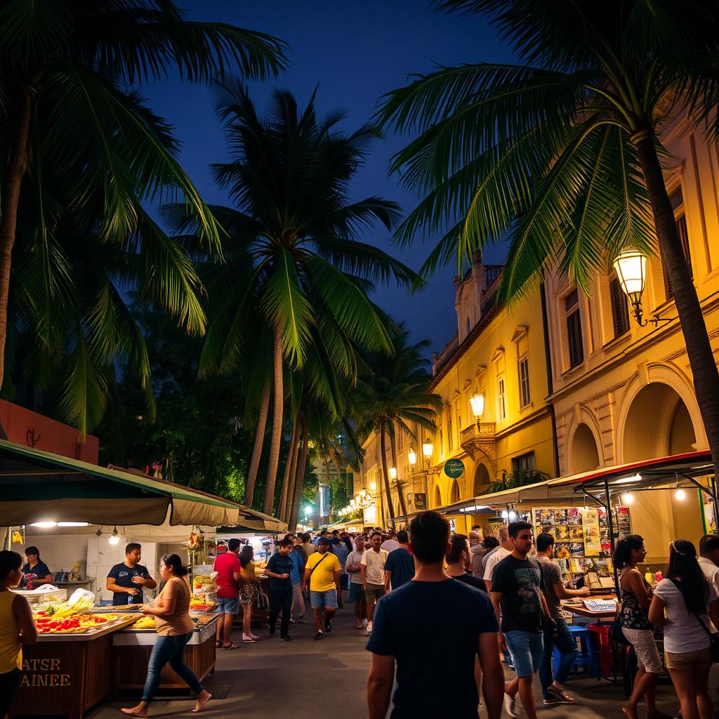 A lively night scene in the city center of Santa Marta, featuring a person walking along the bustling streets