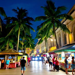 A lively night scene in the city center of Santa Marta, featuring a person walking along the bustling streets