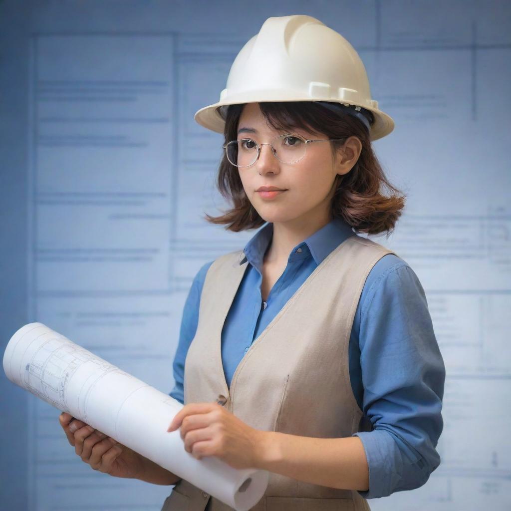 A Studio Ghibli-style animation image of a woman dressed in architect attire, with rolled blueprints in her hand, reflecting warmth, wisdom, and professionalism.