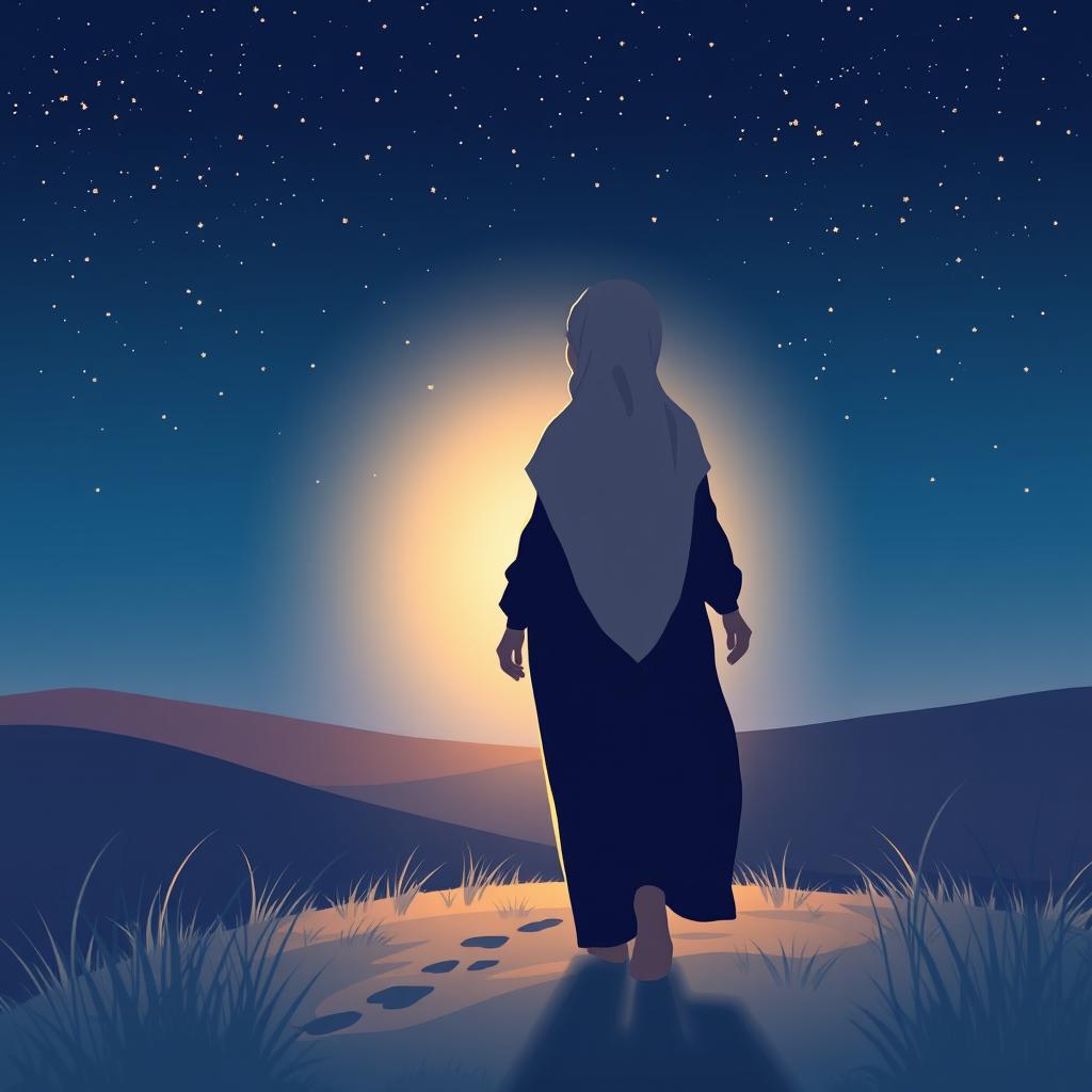 A vector-style book cover illustration featuring the silhouette of a hijab-wearing woman seen from behind, leaving footprints as she walks across a natural landscape