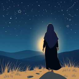 A vector-style book cover illustration featuring the silhouette of a hijab-wearing woman seen from behind, leaving footprints as she walks across a natural landscape