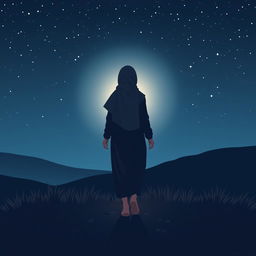 A vector-style book cover illustration featuring the silhouette of a hijab-wearing woman seen from behind, leaving footprints as she walks across a natural landscape