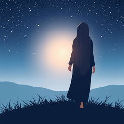 A vector-style book cover illustration featuring the silhouette of a hijab-wearing woman seen from behind, leaving footprints as she walks across a natural landscape